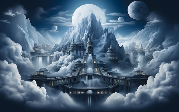 Fantasy landscape with castle in the clouds background