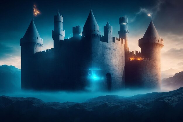 Fantasy landscape with castle in the fog