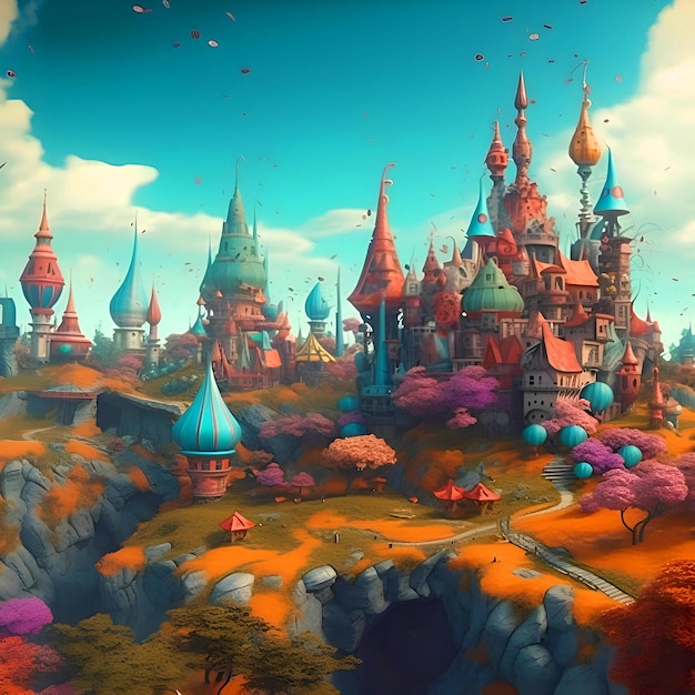 Fantasy landscape with castle in the middle of the forest 3d illustration