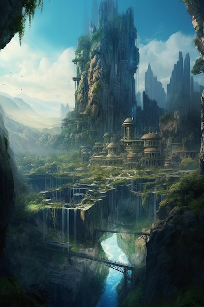 A fantasy landscape with a castle in the middle.