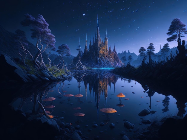 Fantasy landscape with castle river and trees AI Generated