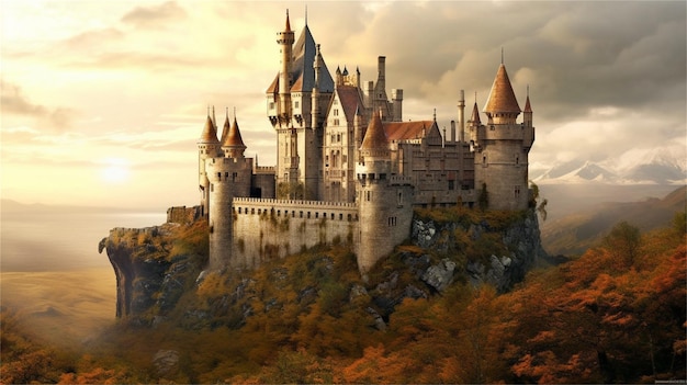 Fantasy landscape with a castle on the shores of the lake