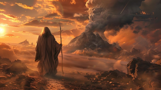 Фото Фантастический пейзаж с прикрытой фигурой и огненным извержением вулкана на закате