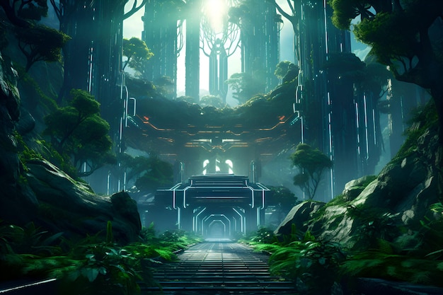 Fantasy landscape with dark forest and ancient temple 3d rendering