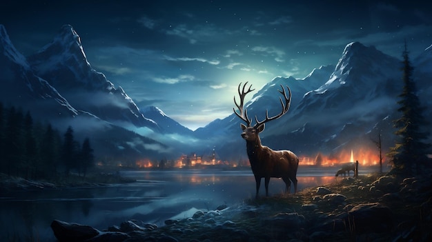 Fantasy landscape with deer on the lake