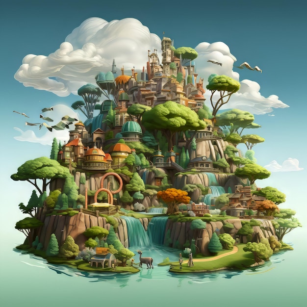 Fantasy landscape with fairy tale castle on the island 3d illustration