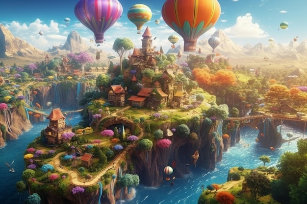 Fantasy Landscape with Fairy Tale Castle and Rainbow Digital Illustration generative ai