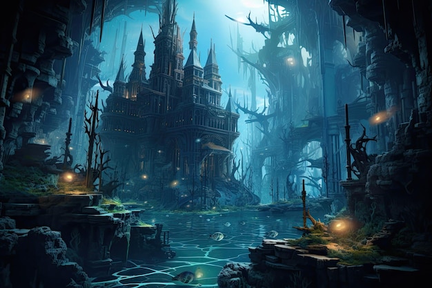 Fantasy landscape with fantasy castle 3d illustration Elements of this image furnished by NASA An underwater city where marine creatures and humans coexist AI Generated