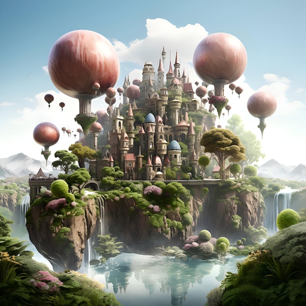 Fantasy landscape with fantasy castle and hot air balloons 3D rendering