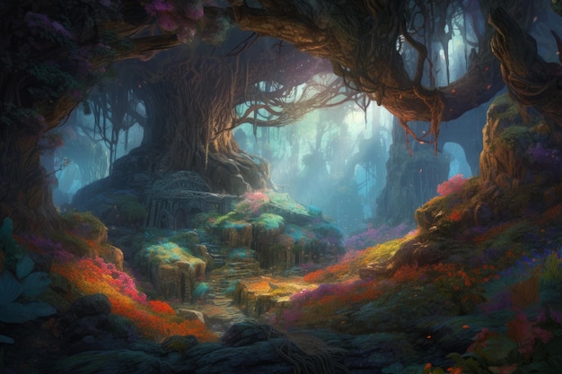 Фантастический пейзаж с фантастическим лесом и древними деревьями Цифровая живопись Генеративный ИИ