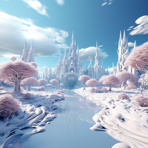 Fantasy landscape with fantasy forest and fantasy castle 3d render