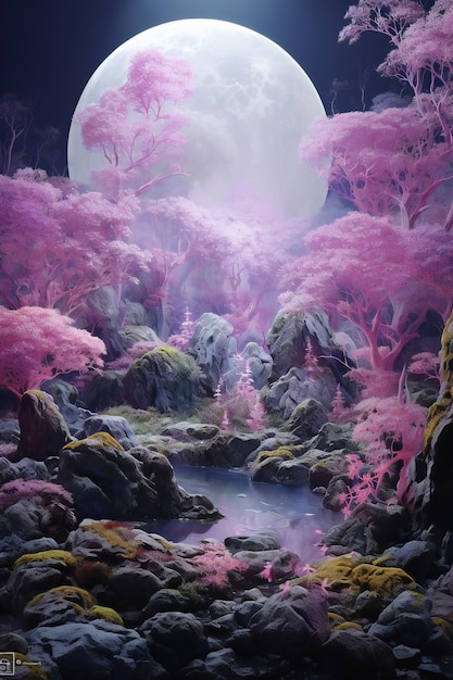 Fantasy landscape with fantasy forest and full moon