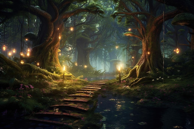 Fantasy landscape with fantasy forest