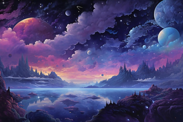 Fantasy landscape with fantasy planet and nebula
