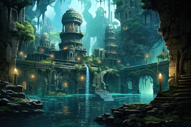 Fantasy landscape with fantasy temple in the deep forest A thriving hidden oceanic civilization with enchanting architecture bioluminescent plants and mysterious inhabitants AI Generated