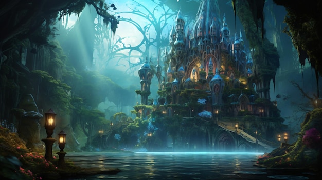 Fantasy landscape with fantasy temple in the deep forest