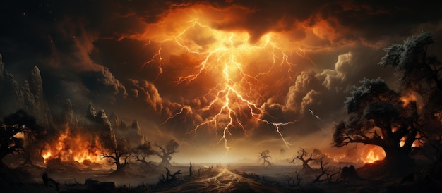 Fantasy landscape with fire and lightning