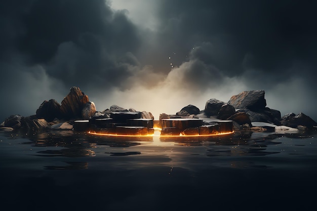 Fantasy landscape with fire and rocks 3d render illustration