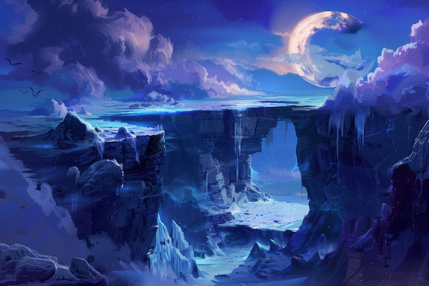 Fantasy landscape with floating icy islands and a large moon