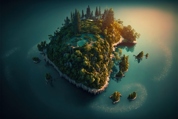 Fantasy landscape with a forest island on the sea AI