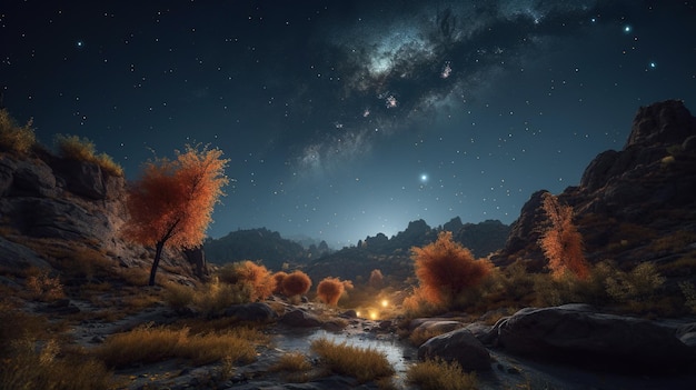 Fantasy landscape with forest and milky way Generative AI