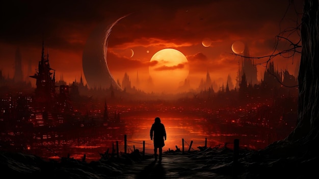 Fantasy landscape with full moon and alien planet
