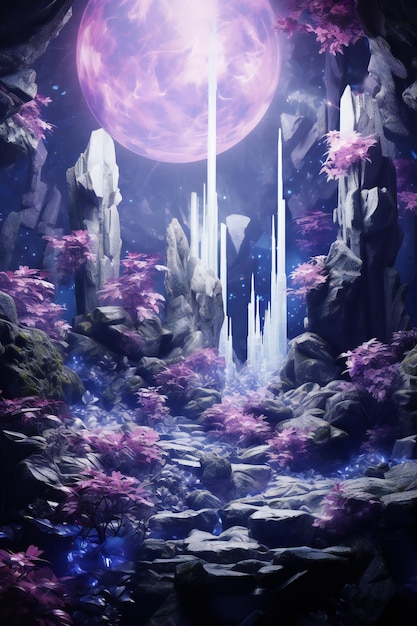 Fantasy landscape with full moon in deep forest