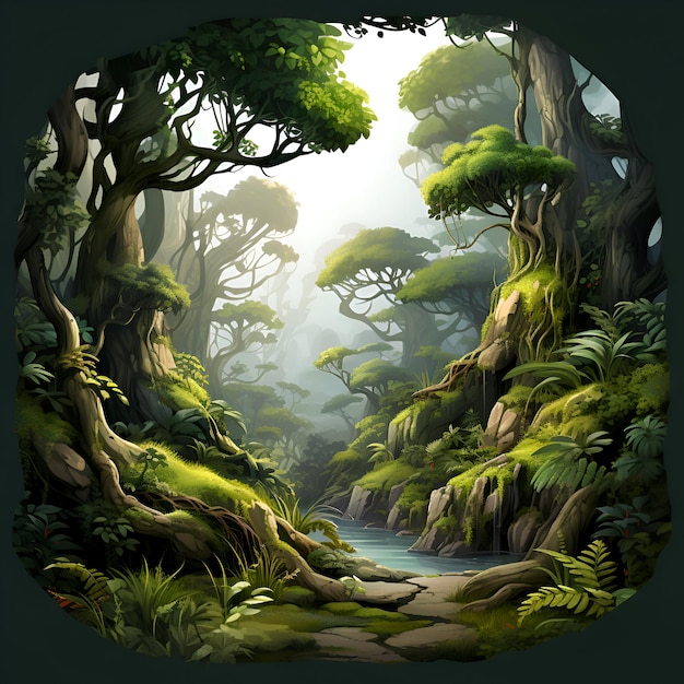 Fantasy landscape with green trees and ferns illustration for children