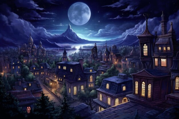 Photo fantasy landscape with haunted house and moon