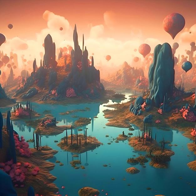 Fantasy landscape with hot air balloons flying in the sky 3D rendering