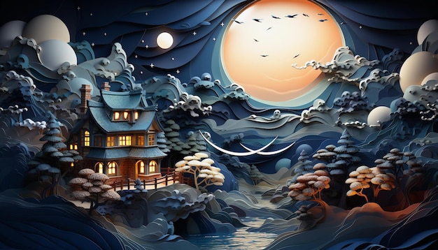 Фантастический пейзаж с домом посреди моря и луны