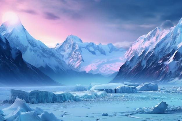 Фантастический пейзаж с айсбергами и горами
