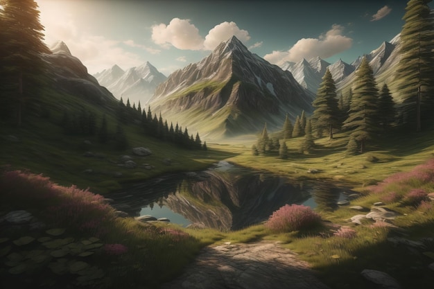 Fantasy landscape with lake and mountains in the background Digital painting generative ai