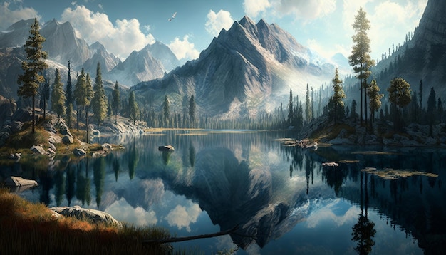 Fantasy landscape with lake and mountains in the background Generative AI