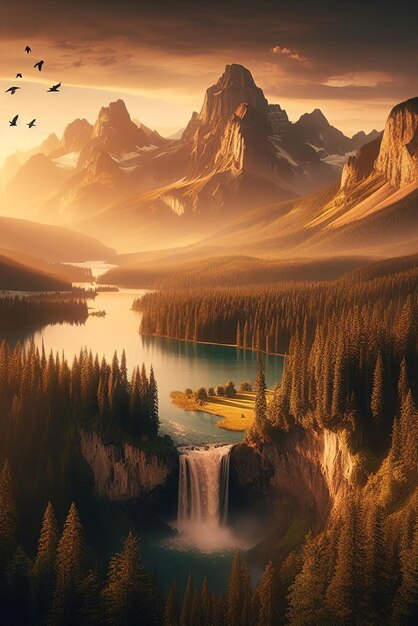 Photo fantasy landscape with lake and mountains in the background