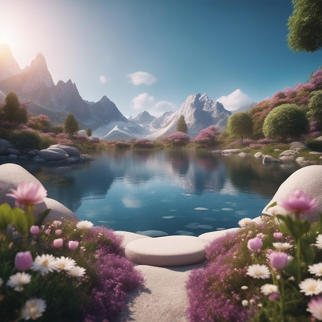 Fantasy landscape with a lake mountains and flowers 3d render wallpaper