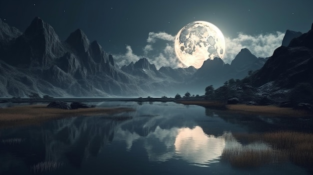 Fantasy landscape with lake and mountains at night generative ai i