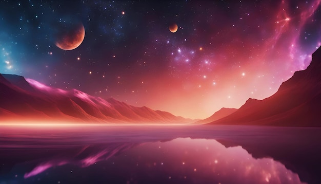 Fantasy landscape with lake mountains and stars 3d rendering