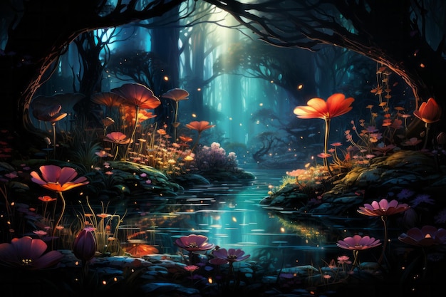 Fantasy landscape with a lake trees clouds and full moon Moonlight Starry sky Fairytale Night scene ...