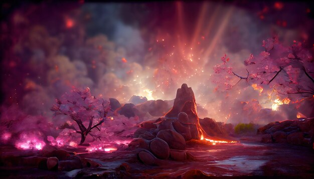 Fantasy landscape with lava and magic portal and fiery glow on dark background 3d illustration