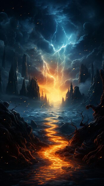 Fantasy landscape with lightning in the skygene aigenerated