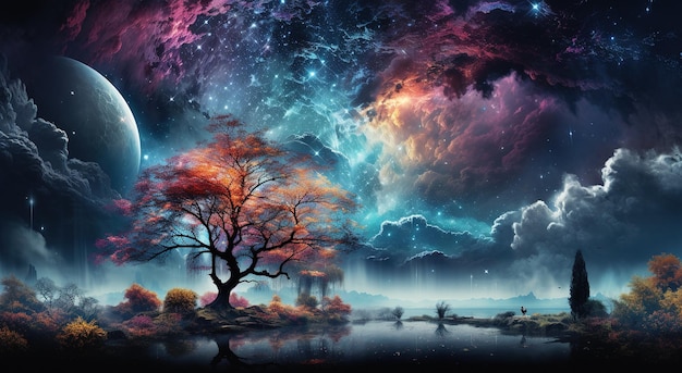 Фантастический пейзаж с одиноким старым волшебным деревом на вершине горы Восход солнца Закат фантастическая ночь