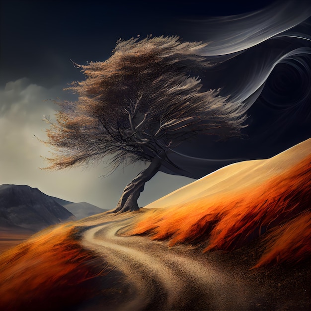 Fantasy landscape with a lonely tree on the road in the desert