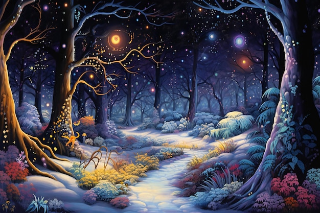 Fantasy landscape with magic forest and moonlight