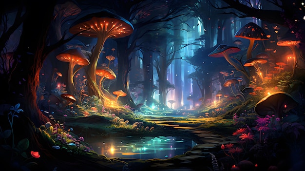 魔法の森とキノコの幻想的な風景が生成されました