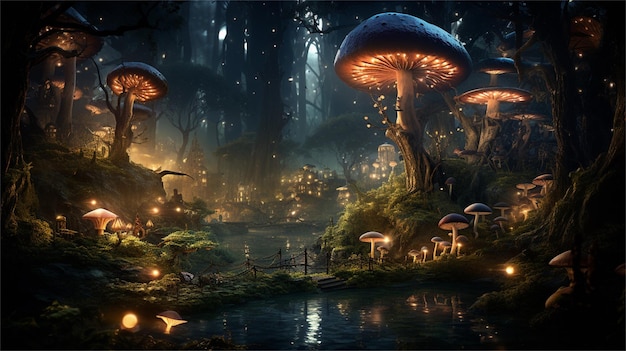 Fantasy landscape with magic mushrooms and water stream 3d render