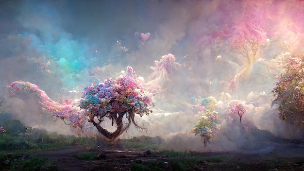 Fantasy landscape with magic tree shrouded in pink mist