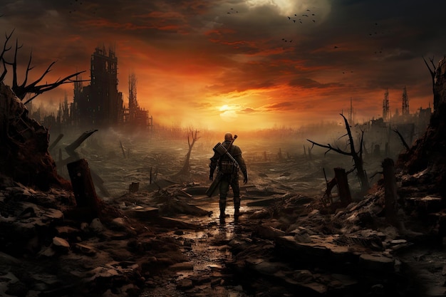 Fantasy landscape with a man in the middle of a destroyed city A soldier march toward on an apocalyptic ruined landscape full rear view AI Generated