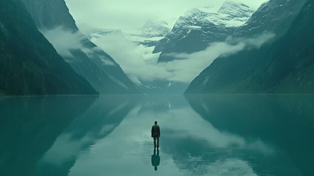 Photo fantasy landscape with a man in the sea generative ai