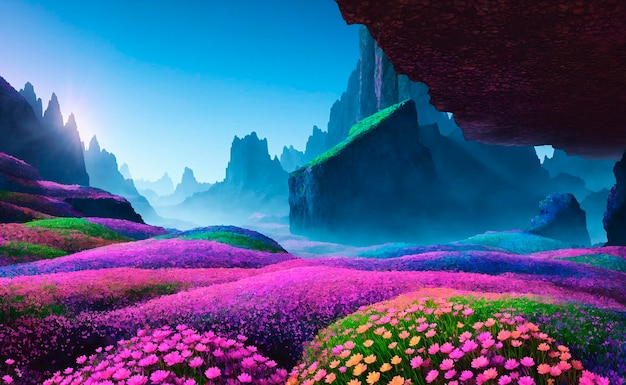 Fantasy landscape with meadow full of blooming flowers Generative AI